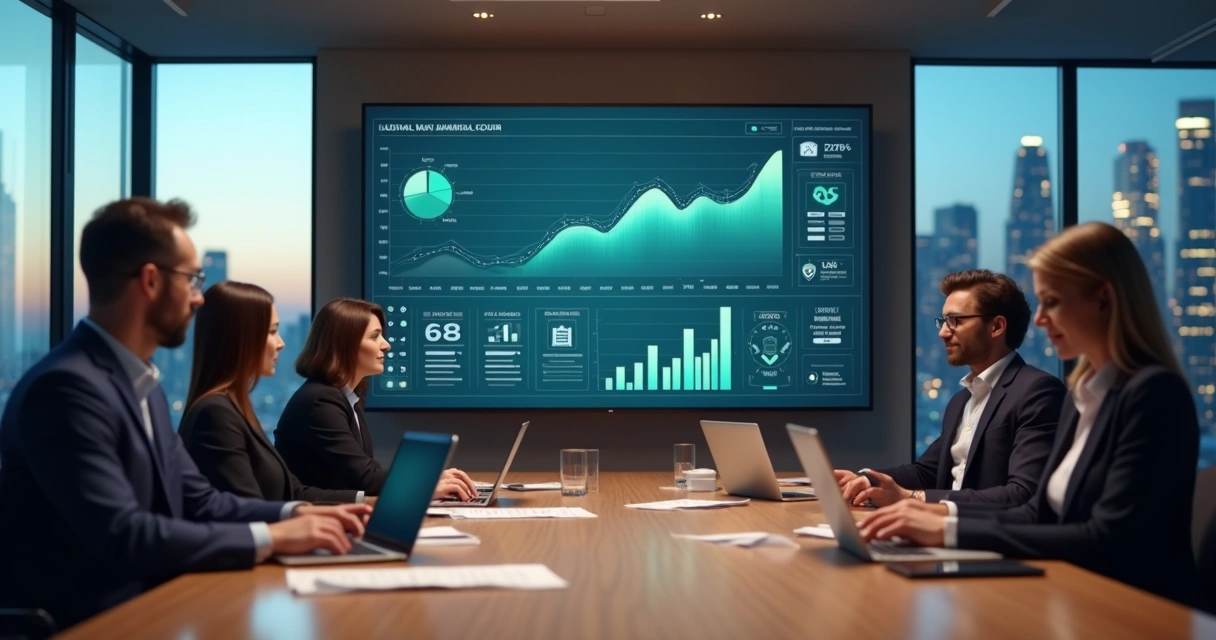 Equipe executiva analisando indicadores fiscais em tela gigante em escritório moderno 