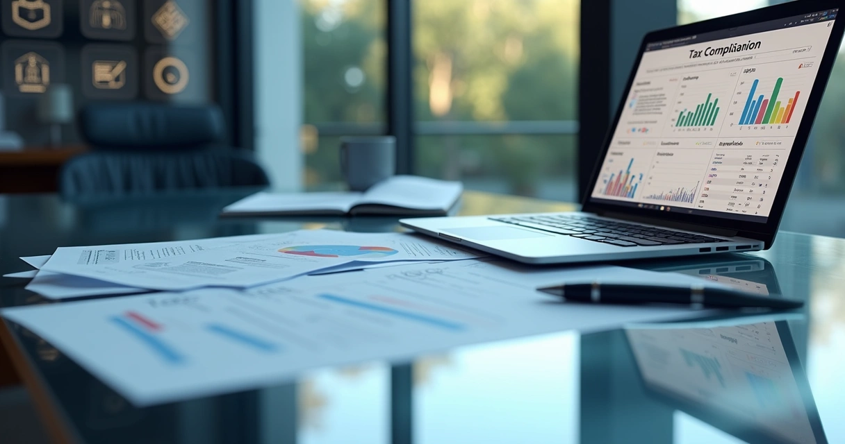 Mesa de escritório com documentos fiscais, notebook aberto exibindo gráficos de compliance tributário e inteligência artificial em ação 