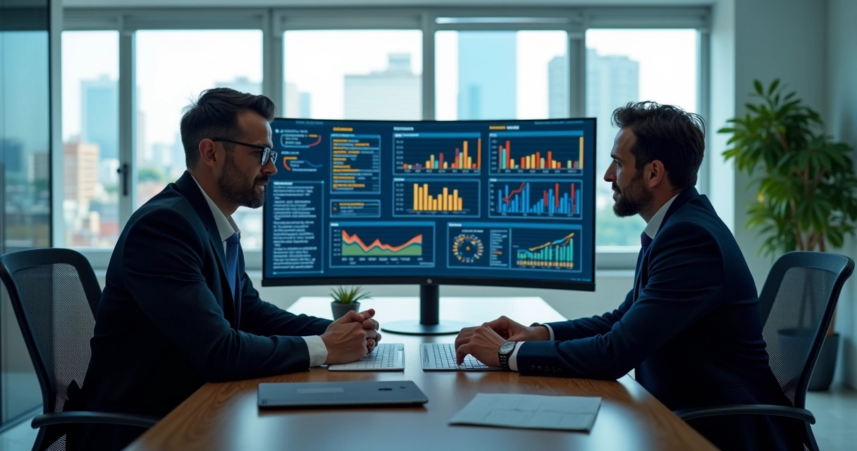Advogado e contador analisando dados tributários no escritório com telas digitais mostrando gráficos e documentos fiscais 