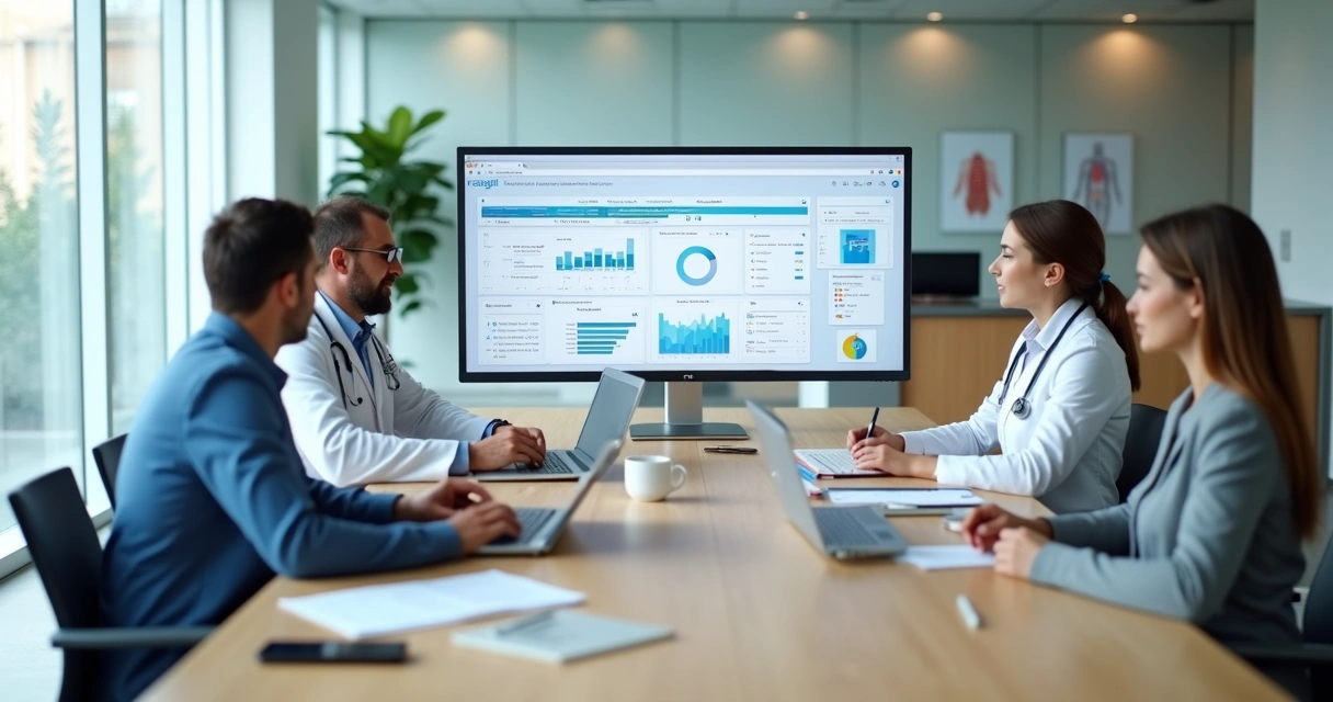 Gestores de clínica avaliando troca de software de gestão em reunião moderna 