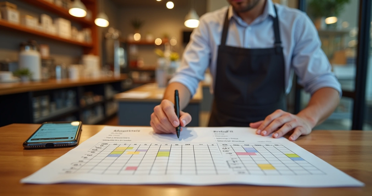 Quadro de turnos colorido montado sobre balcão de pequena empresa 