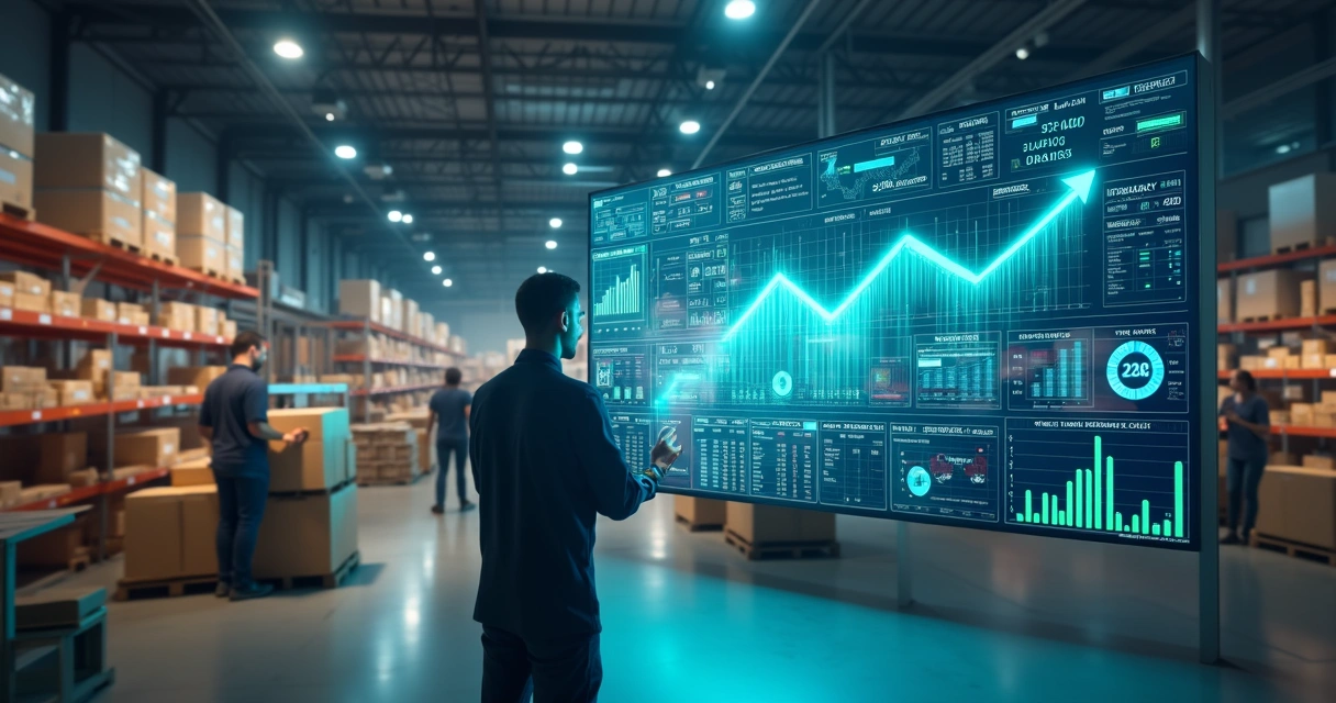 Centralização de estoques físicos e virtuais em sistema ERP integrado com gráficos de crescimento ao fundo 