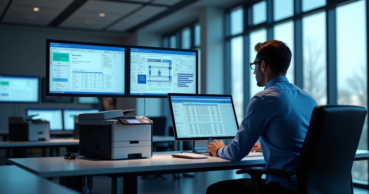 Sala de controle com gestor analisando múltiplas telas com softwares de monitoramento de impressoras e suprimentos 