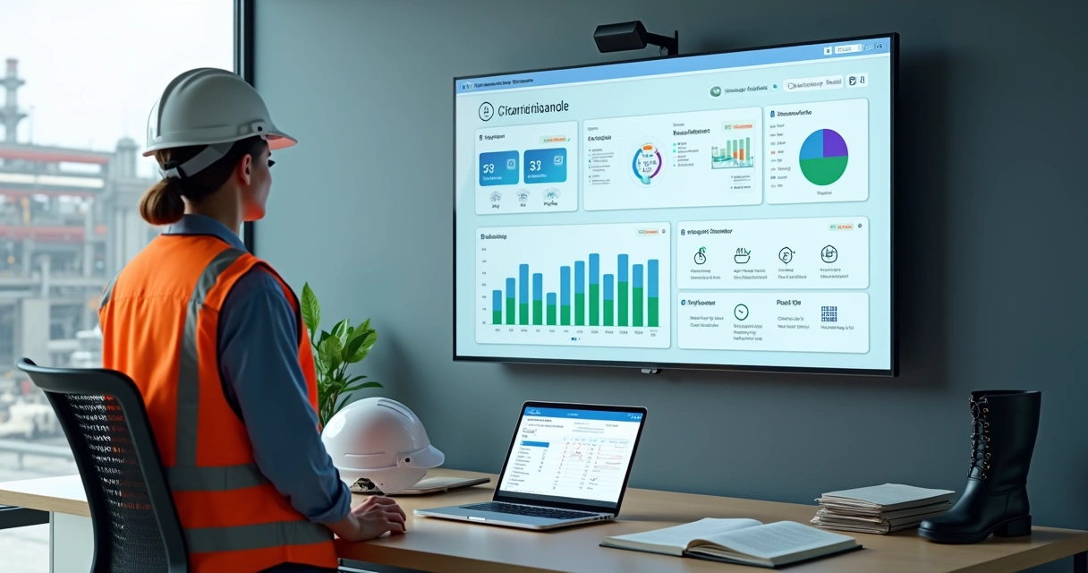 Profissional de segurança do trabalho analisando painel digital com indicadores de SST 
