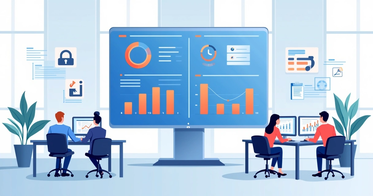 Ambiente de BI corporativo em uma tela ampla, mostrando equipes e gráficos 