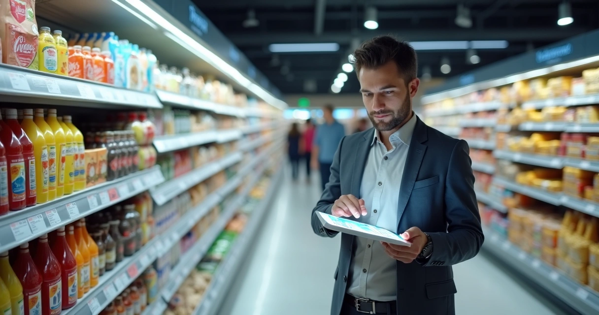 Gestor analisando validade de produtos em prateleira de supermercado com painel digital de dados 