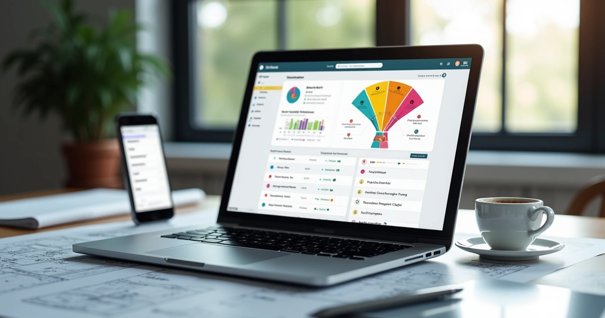 Profissional usando CRM imobiliário em computador mostrando integração com WhatsApp e organização de leads no funil de vendas 