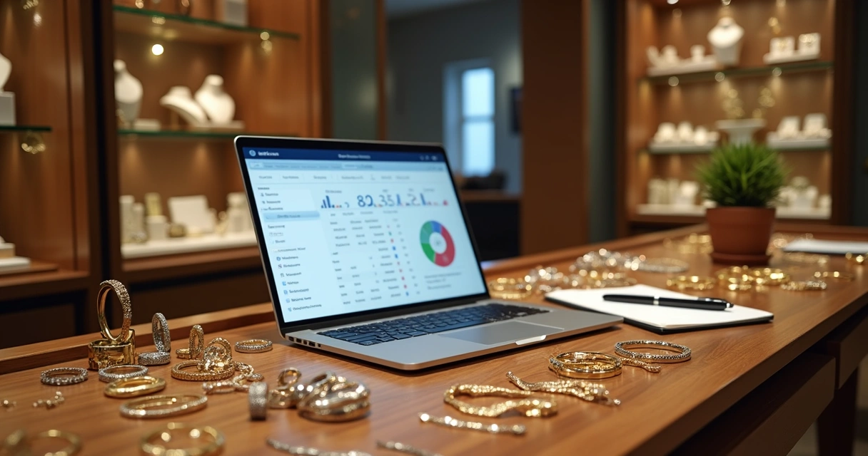 Mesa com joias organizadas, computador com plataforma de vendas aberta e caderneta de anotações ao lado 