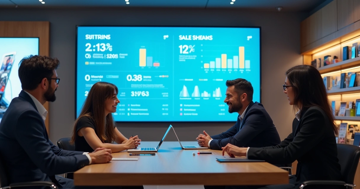 Equipe de loja de celulares analisando metas em painel digital
