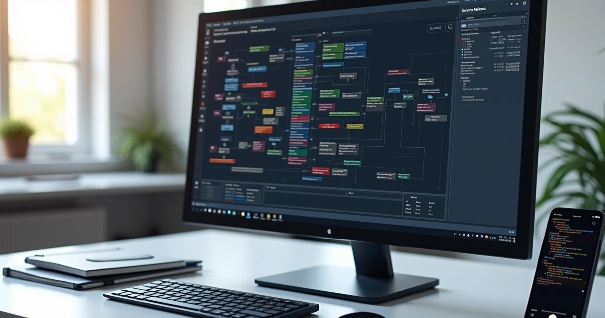 Tela de computador mostrando sistema de controle de versões para agentes de IA com fluxos coloridos e diversos status organizados 