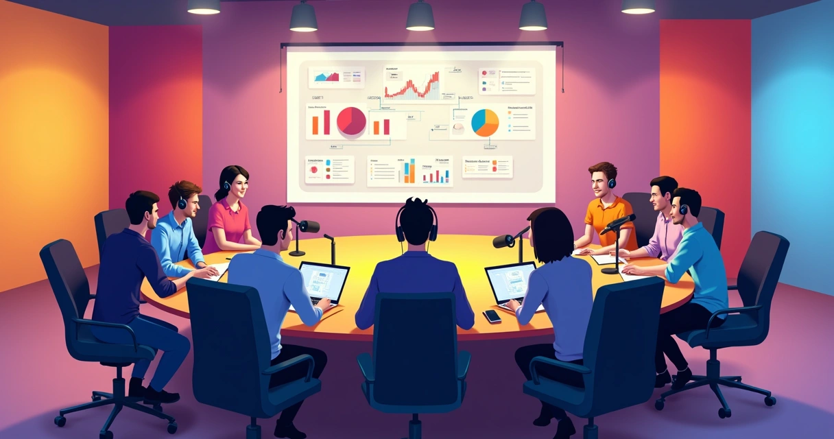 Presenças de equipes de diversas verticais em sala de reunião de gravação 