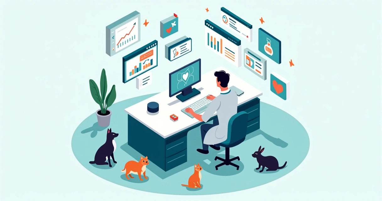 Veterinário organizando rotina com pets e painéis digitais ao redor 