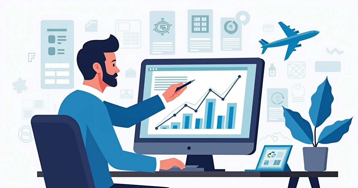 Analista controlando despesas e viagens corporativas em painel digital 