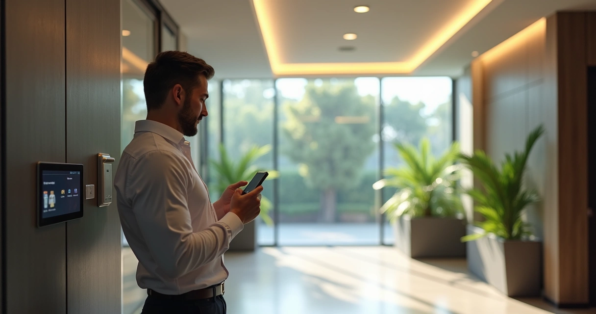 Síndico profissional realizando visita técnica e registrando dados em aplicativo mobile em área comum do prédio 