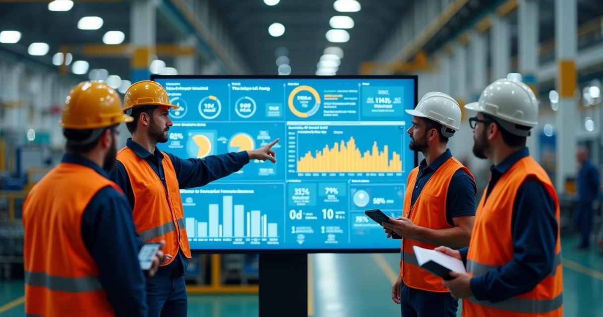 Equipe industrial reunida em frente a um painel digital de produção 