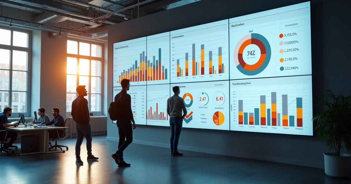 Dashboard grande de KPIs exposto na parede do escritório 