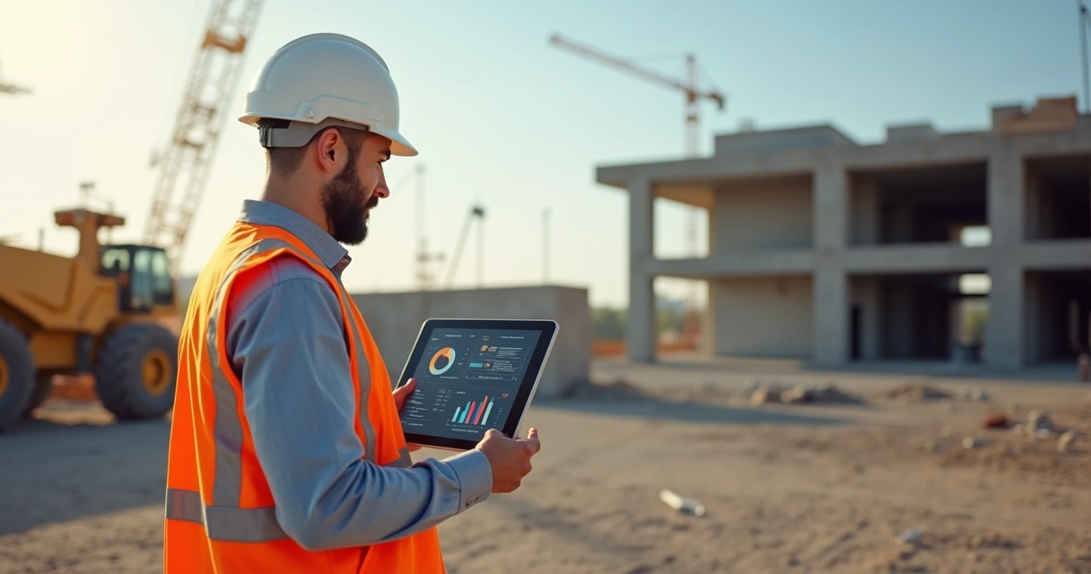 Engenheiro usando tablet para gestão visual da obra