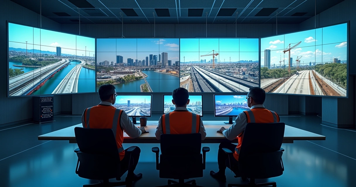Sala de controle acompanhando várias obras em consórcio em grandes telas 