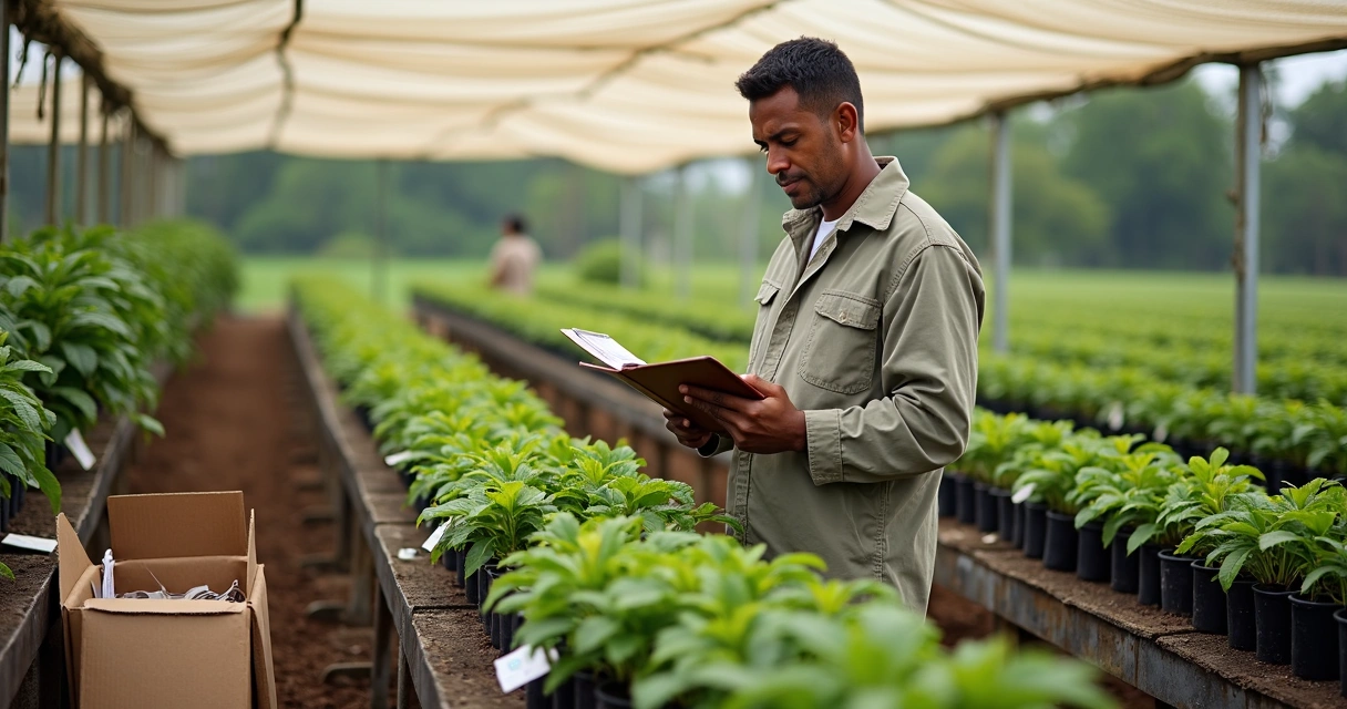 Produtor organizando viveiro de mudas com prancheta diante de bancadas verdes 