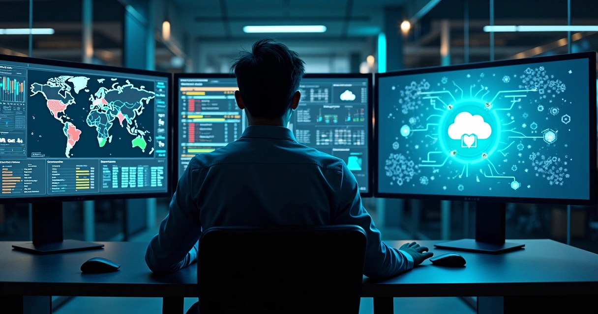 Painel de segurança em nuvem com gestor de TI monitorando vulnerabilidades corporativas 