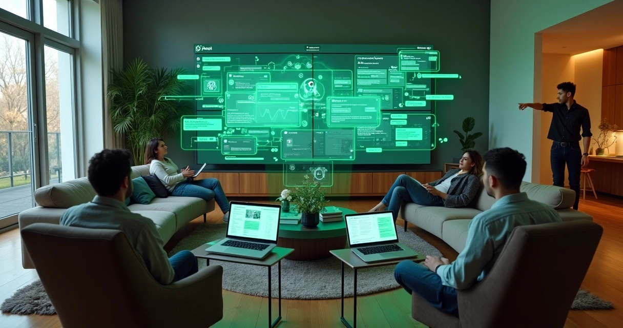 Equipe remota coordenando atendimentos do WhatsApp Business Web em grandes telas 