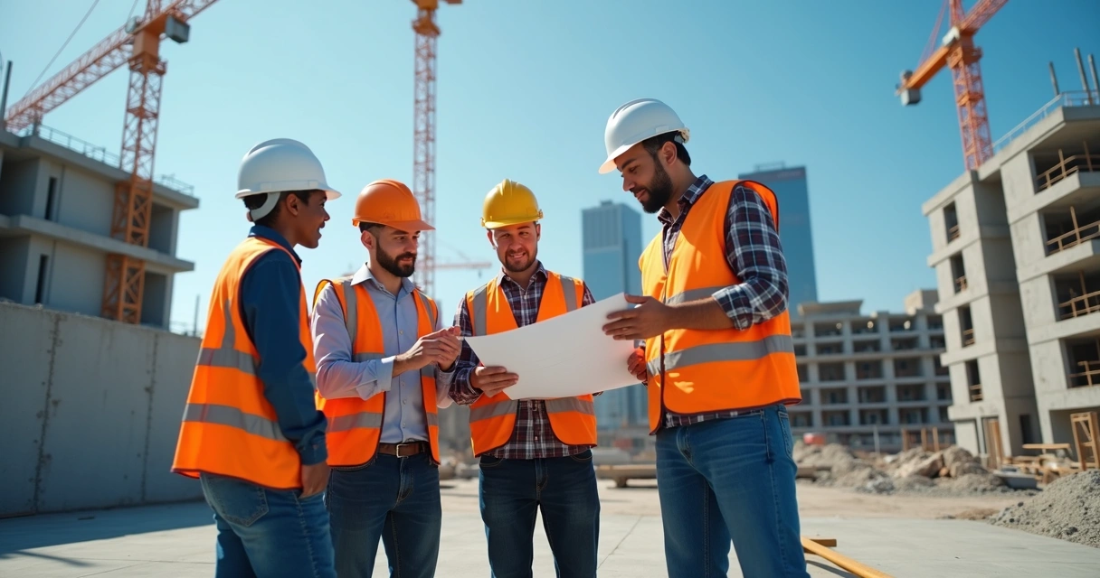 Equipe de construção civil discutindo planos com tablet em obra com guindaste e estrutura ao fundo 