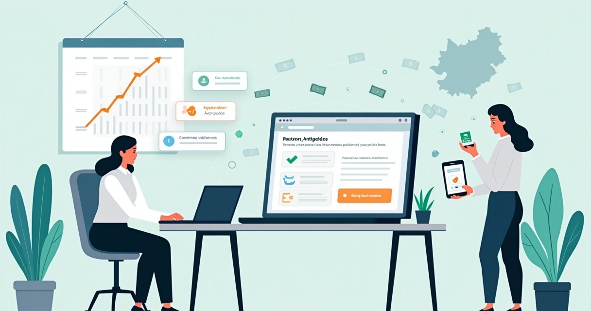 Ilustración de control digital de anticipos voluntarios en oficina corporativa 