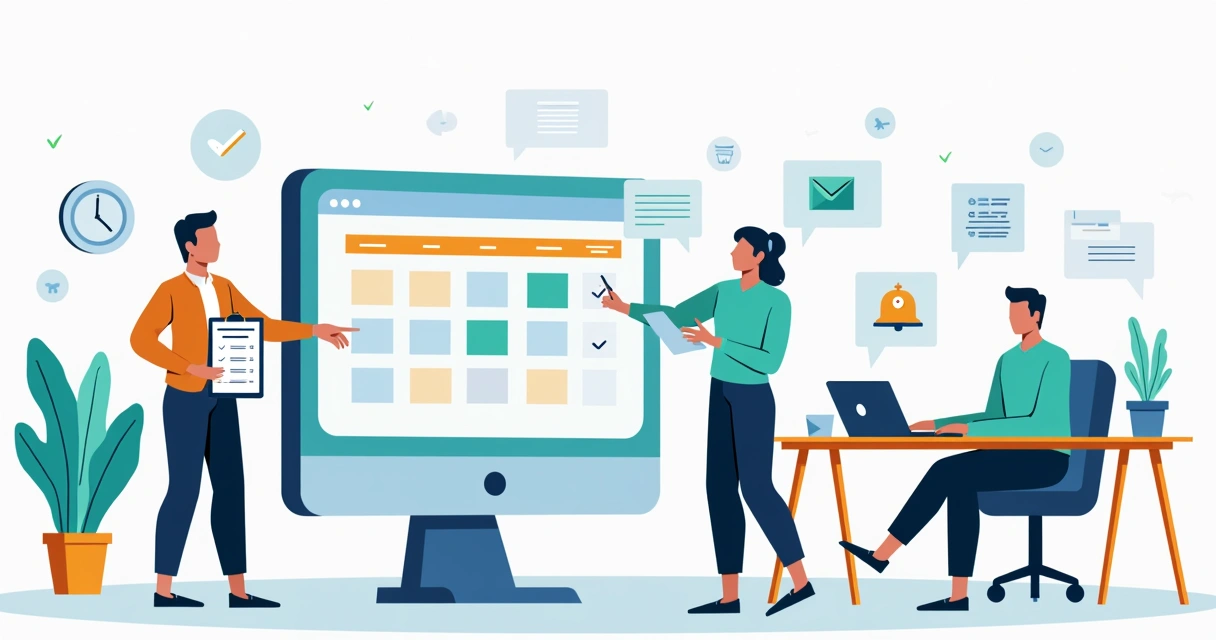 Ilustración de equipo de recursos humanos gestionando ausencias en una oficina moderna 