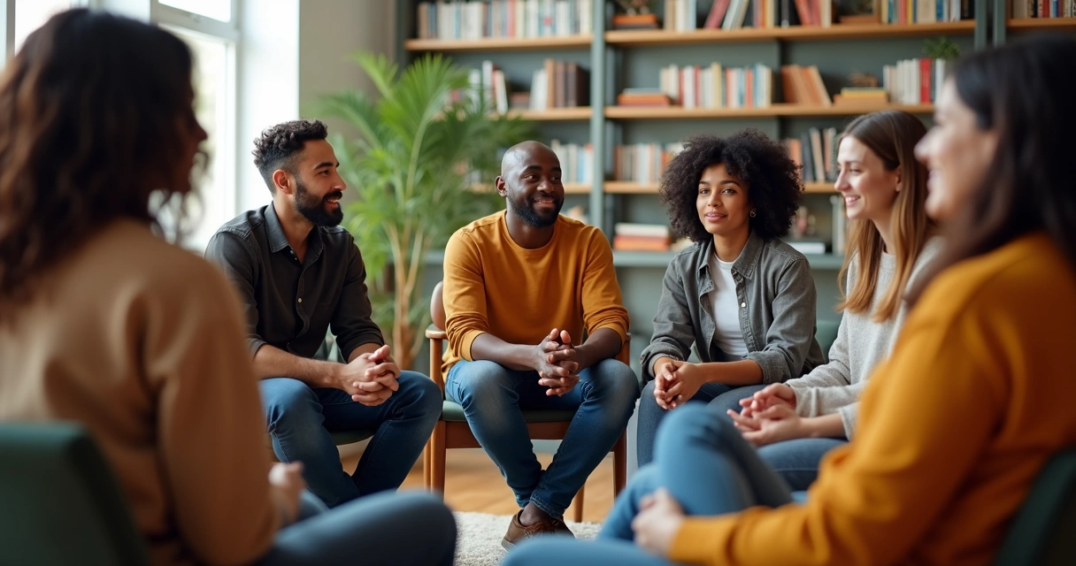 Personas sentadas conversando en círculo, expresión reflexiva 