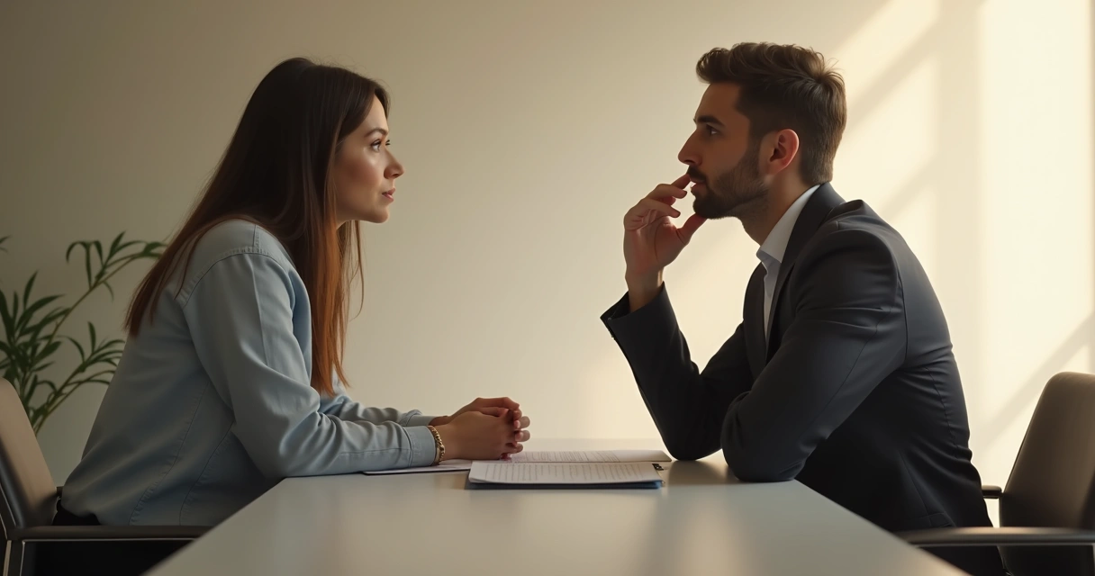 Dos personas sentadas frente a frente en una reunión, una de ellas reflexionando, fondo neutro