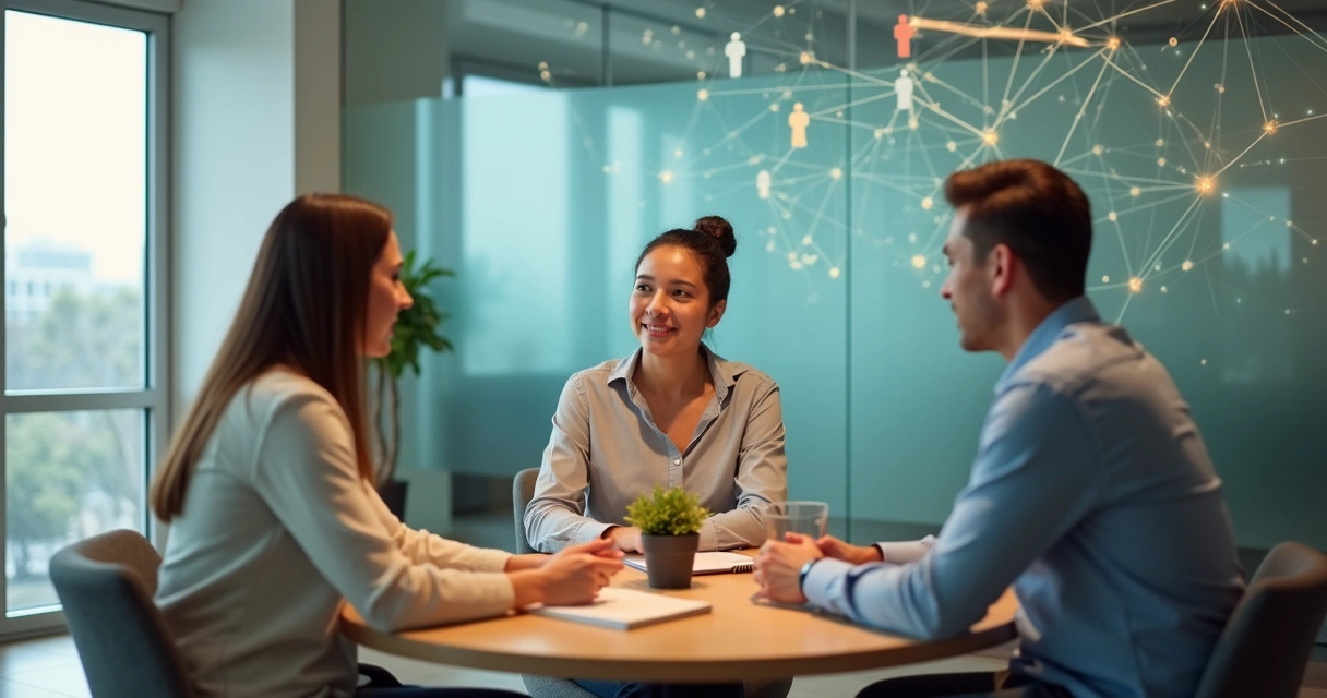 Dos personas dialogando con serenidad acompañadas por un facilitador y conexiones sistémicas representadas en el fondo 