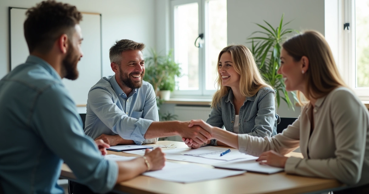 Personas sentadas dialogando, resolviendo un conflicto, ambiente colaborativo.