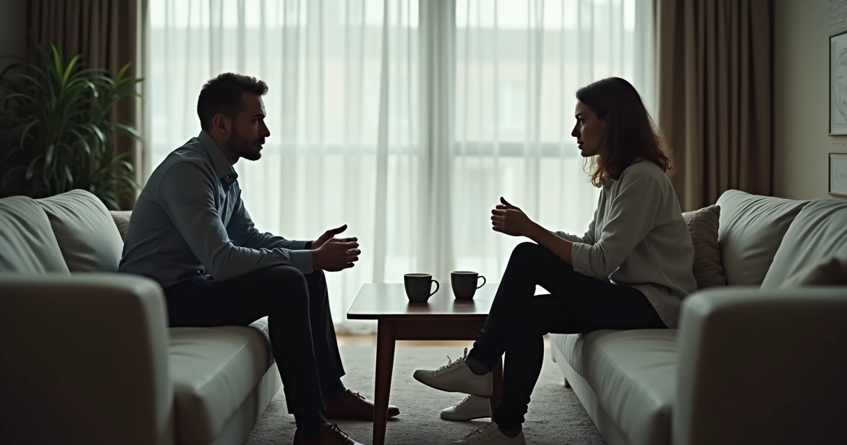 Dos personas sentadas en una sala, en un conflicto silencioso, mirándose con incomodidad. 