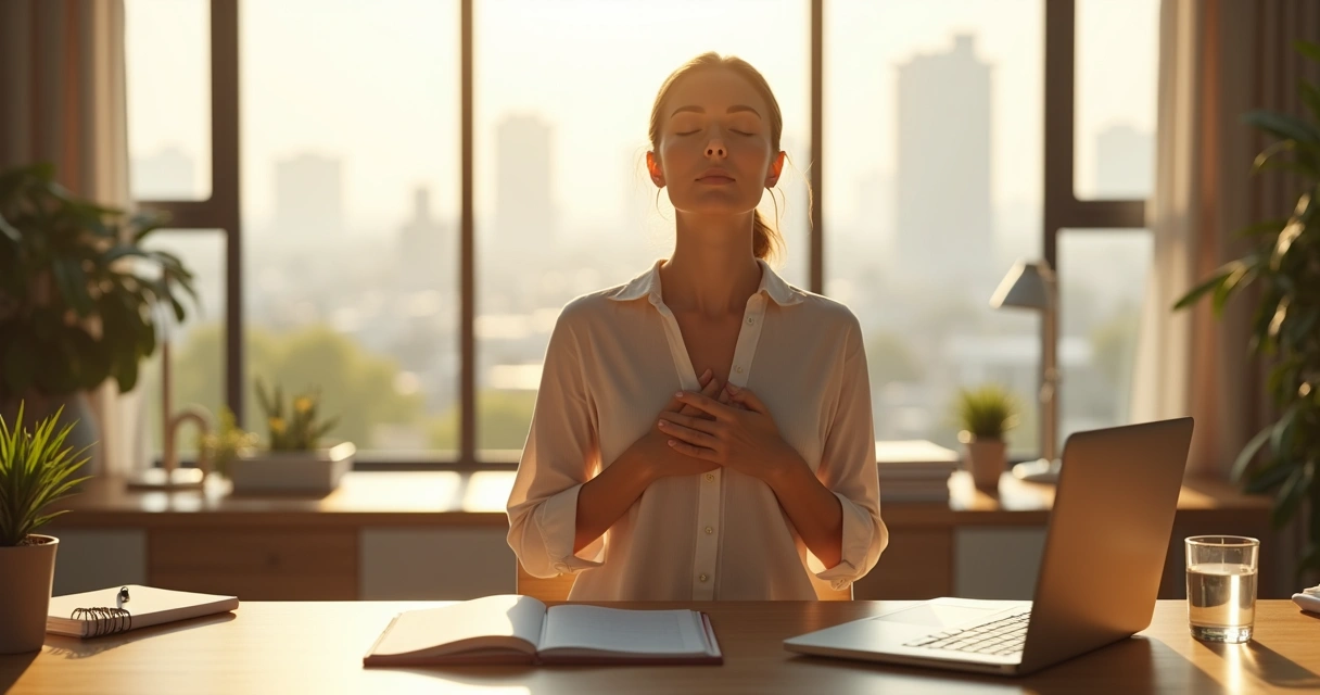 Mujer sentada en oficina practicando respiración consciente para reducir el estrés 