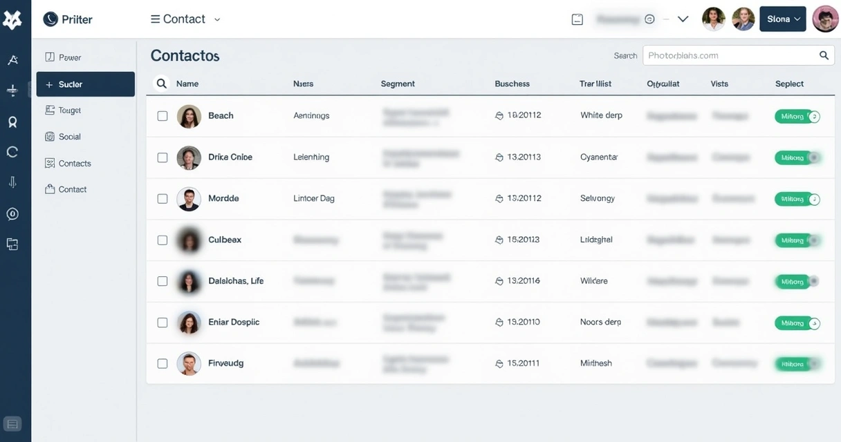 Lista de contactos en CRM de WhatsApp con columnas para datos clave y filtros de segmentos 
