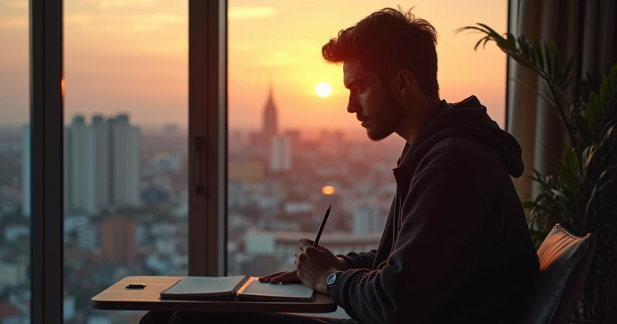 Persona sentada reflexionando en una ventana con cuaderno y lápiz