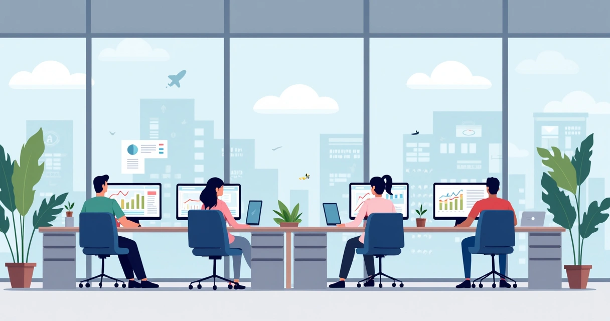 Oficina moderna con empleados trabajando y pantallas mostrando documentos digitales 