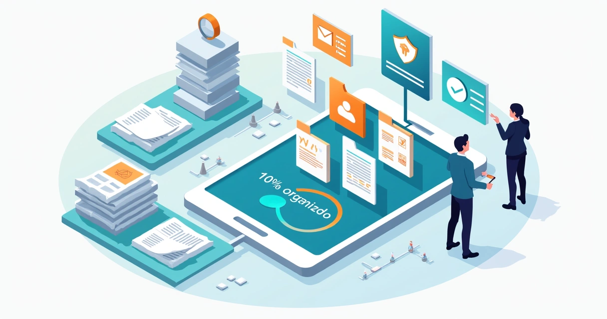 Personas organizan documentos laborales digitalizados con flujo de trabajo automatizado 