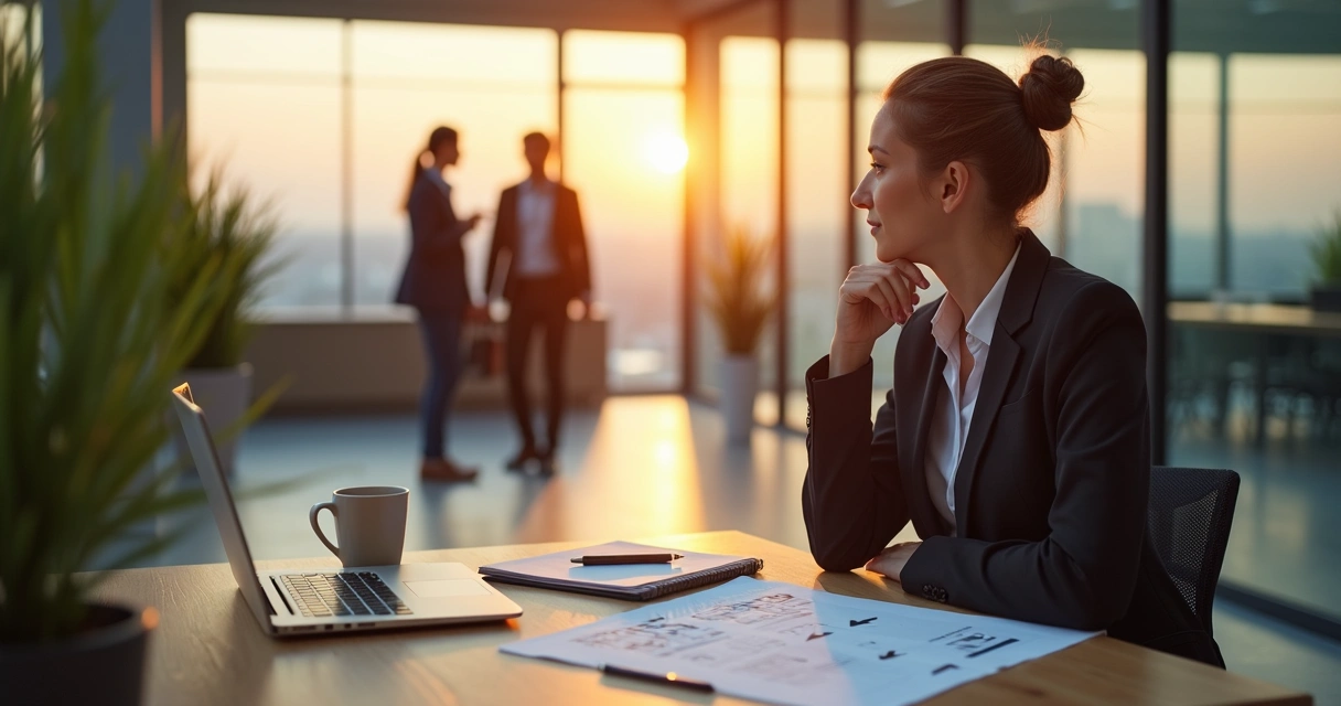 Profesional en oficina reflexionando sobre cambios laborales con ambiente sereno 