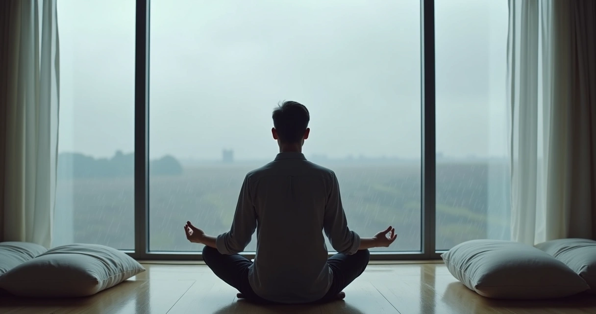 Persona meditando frente a una ventana en un día nublado 