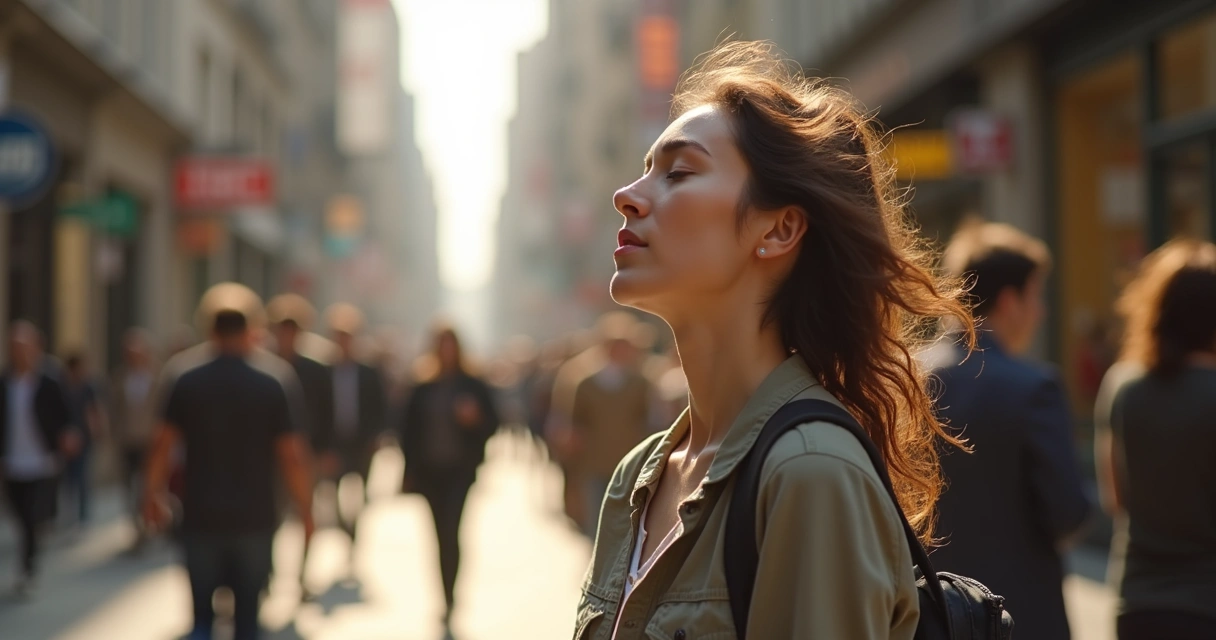 Persona respirando profundo en un entorno urbano, transmitiendo calma entre la multitud