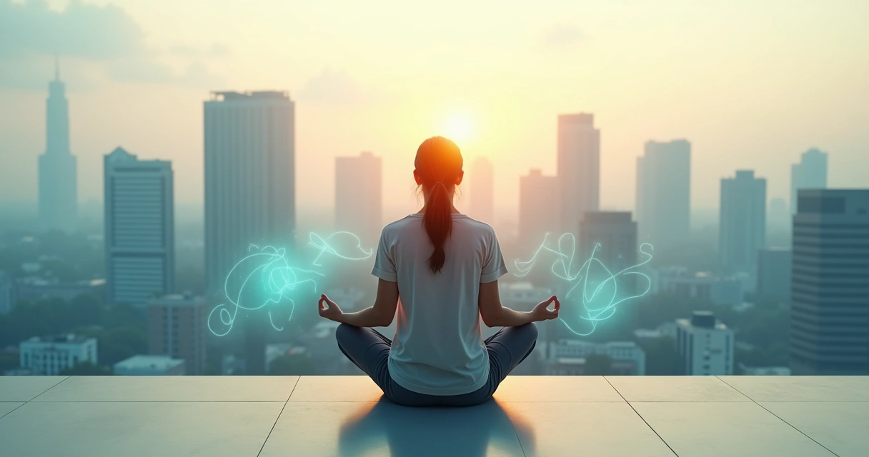 Persona meditando frente a una ciudad difusa que simboliza la incertidumbre 