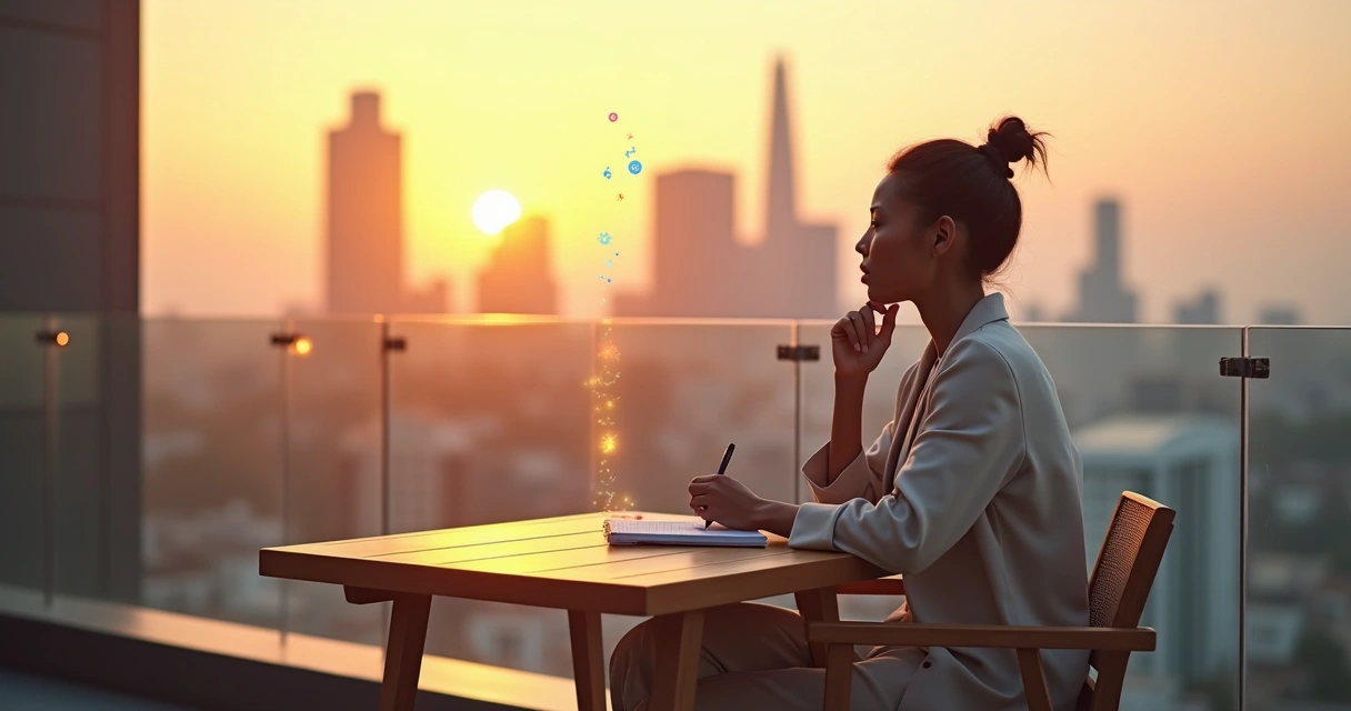 Persona reflexionando frente a una ciudad con elementos visuales que representan emociones equilibradas 