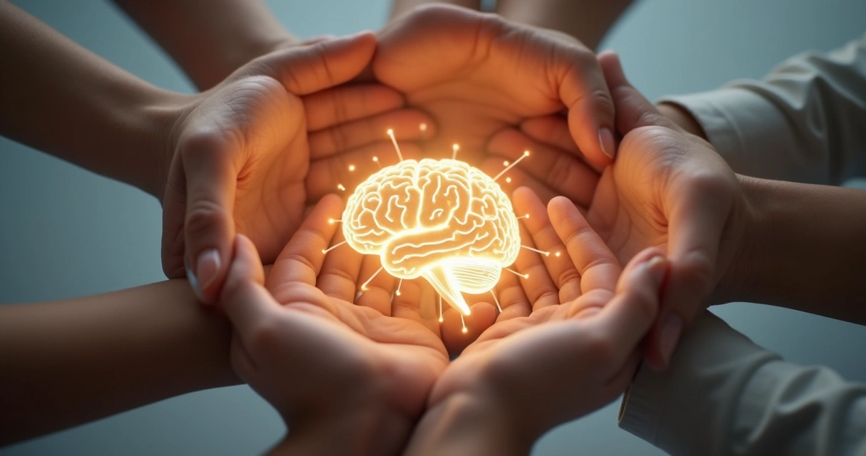 Manos que simbolizan gestión emocional con mentes interconectadas de fondo