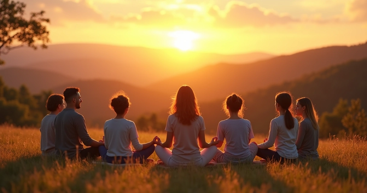 Grupo de personas meditando en círculo al amanecer 