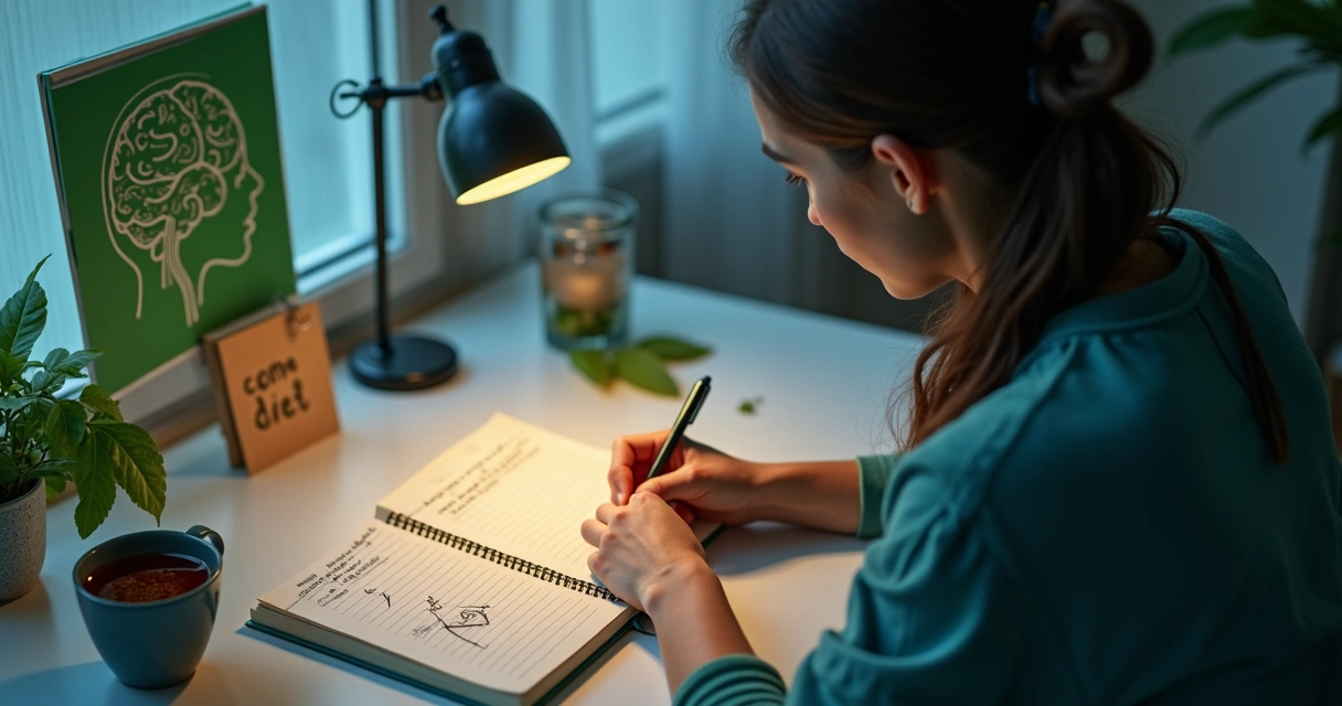 Persona tomando notas en un diario titular, reflejando autoconocimiento y emociones 