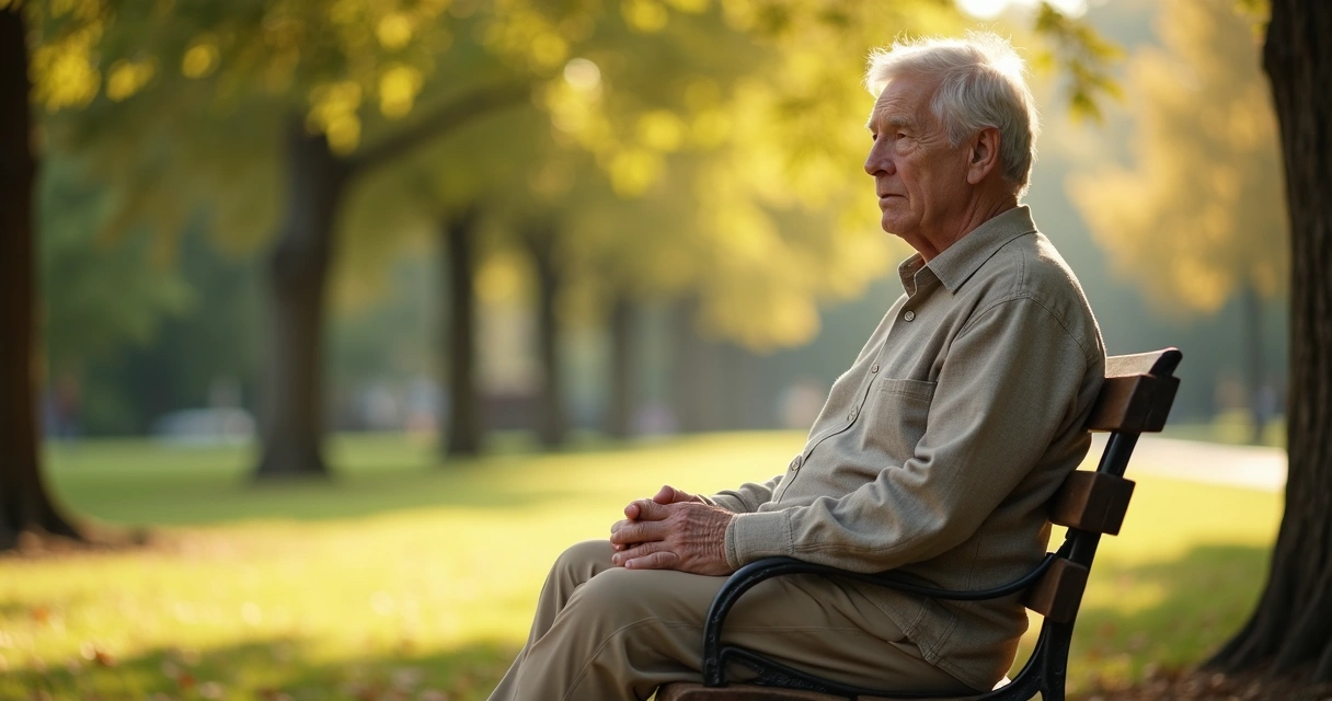 Persona adulta con expresión serena, sentada en un entorno tranquilo 