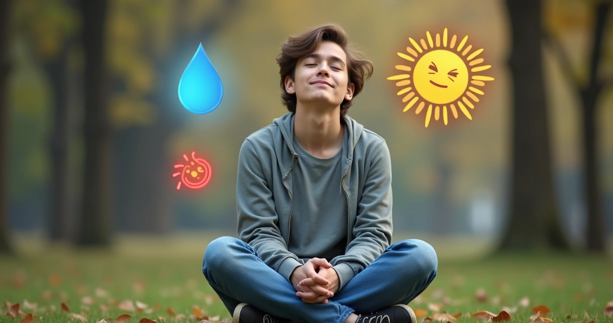 Persona sentada con los ojos cerrados en actitud serena, rodeada de ilustraciones de emociones como tristeza, enojo y alegría 