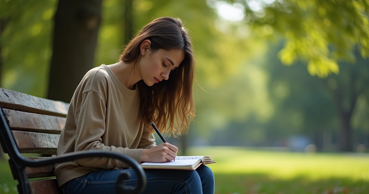 Joven sentado en un parque, escribiendo sobre sus emociones en una libreta 