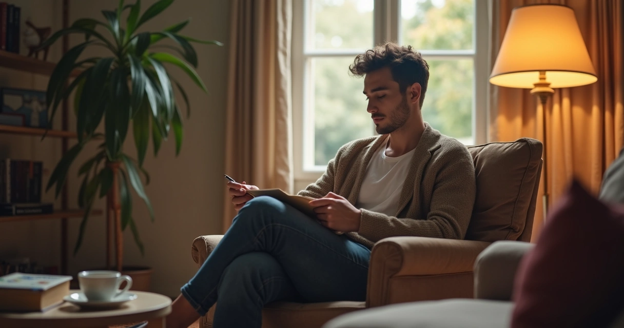 Persona reflexionando sentada en un sillón en un entorno tranquilo, luz suave y cálida 